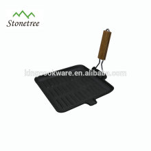 Cast Iron Grill Pans With Single Foldable Wooden Handle